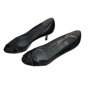 Vintage Stewart Weitzman Black Perforated Peep Toe Heels for Work, Parties - 7.5